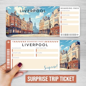 Bilhete-presente de viagem surpresa digital para LIVERPOOL, cartão de embarque para impressão no Reino Unido, cartão de embarque para impressão em Liverpool, bilhete de férias no Reino Unido