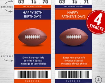 Op de afbeelding: Vier printbare voetbaltickets met een blauw en oranje kleurenschema. De tickets hebben de tekst "Happy 30th Birthday!" en "Happy Father's Day!" erop. De tickets zijn bewerkbaar en hebben een barcode en de tekst "Surprise!" erop.