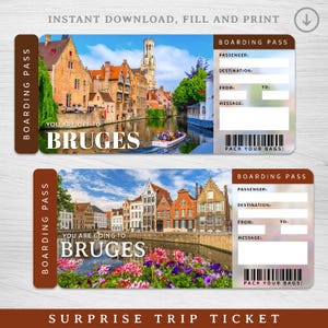 Digital BRUGES Surprise Trip Ticket, Belgium Printable Boarding Pass, Printable Vacation Ticket, Vacation Gift Voucher, Personalized Gift
