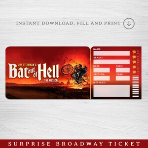 Może przedstawiać: Drukowany, pusty, czerwono-biały bilet na przedstawienie na Broadwayu "Bat Out of Hell: The Musical" z grafiką motocykla i postaci diabła. Bilet zawiera miejsca na imię i nazwisko, miejsce, datę, godzinę, sektor, miejsce i wiadomość.