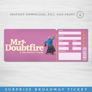 Druckbare Mrs Doubtfire Broadway Surprise Ticket, Mrs Doubtfire the Musical Collectible Theaterkarte, bearbeitbares Theater Faux Event