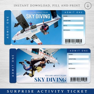 Boleto de regalo sorpresa de SKYDIVING digital, presentación sorpresa de paracaidismo, plantilla de boleto de evento editable de paracaidismo, vale de regalo de experiencia SKYDIVE