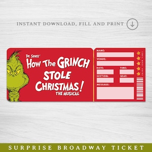 Printable How the Grinch Stole Christmas Broadway Surprise Ticket, the ...