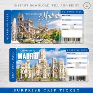 以下が含まれることがあります： 青いボーダーと「BOARDING PASS」の文字が入った2つの搭乗券のデザイン。上のチケットには「You are going to Madrid」と書かれており、噴水とライオンの像の写真が写っています。下のチケットには「You are going to Madrid」と書かれており、大きな建物の写真が写っています。