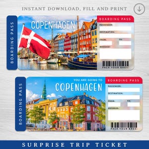 Digitales KOPENHAGEN Surprise Trip Ticket, DÄNEMARK druckbare Bordkarte, druckbare Urlaubskarte, Urlaubsgeschenkgutschein, bearbeitbares Geschenk