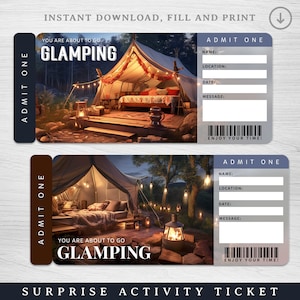 Boleto de regalo sorpresa GLAMPING digital, boleto de presentación de viaje de glamping, plantilla de boleto de evento editable de glamping, vale de regalo de experiencia