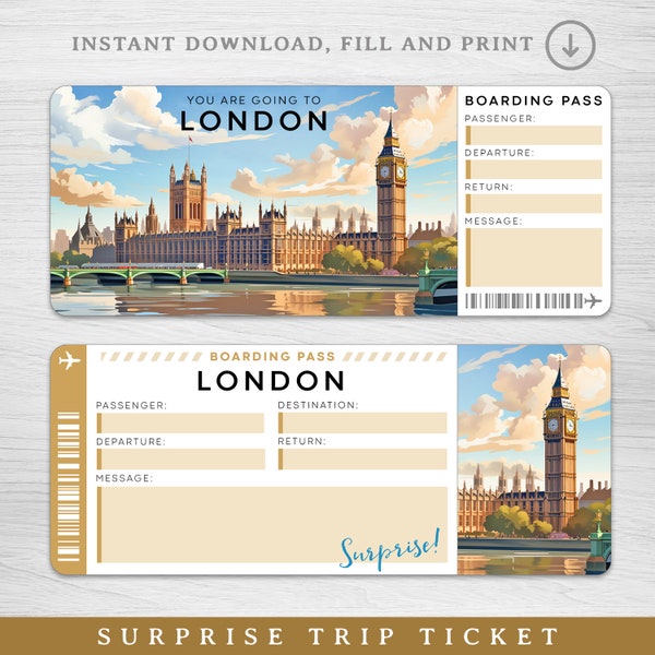Billet cadeau numérique de voyage surprise à LONDRES, carte d'embarquement imprimable à LONDRES, vous allez à Londres ! - Carte d'embarquement imprimable, billet de vacances