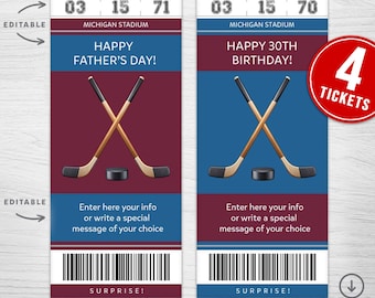 May include: Editable hockey game ticket template with a burgundy and blue background. The ticket has a hockey stick and puck design. The text on the ticket says "Happy Father's Day!" and "Happy 30th Birthday!" The ticket also has a section for entering a message.
