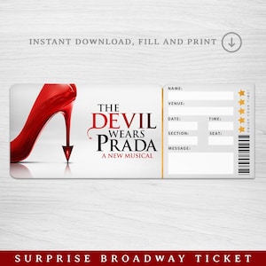 Druckbar Der Teufel trägt Prada Broadway Surprise Ticket, Sammlerstück Theaterkarte, bearbeitbare Musikvorlage, Broadway Überraschung enthüllen