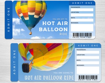 Könnte beinhalten: Zwei druckbare Tickets für eine Fahrt im Heißluftballon mit blauem Hintergrund und einer bunten Heißluftballon-Illustration. Der Text auf den Tickets lautet "Sie fliegen in einem Heißluftballon" und "Sie fahren mit einem Heißluftballon".