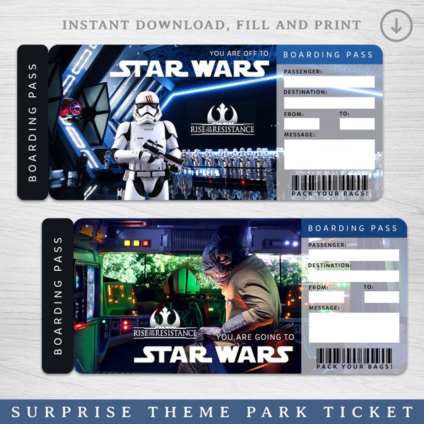 Digital SPACE WARS Rise of the Resistance Surprise Trip Gift Ticket, Printable Star Wars Pass Printable Vacation Ticket Editable, Theme park