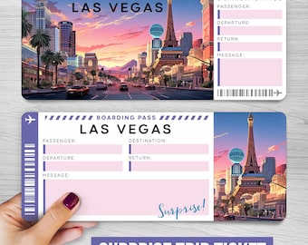 May include: A printable boarding pass ticket with a Las Vegas skyline background. The ticket has fields for passenger name, departure, return, and a message. The text "Surprise!" is printed on the ticket.