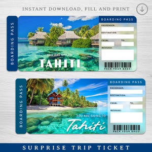 Billet numérique TAHITI surprise, carte d'embarquement imprimable pour Tahiti, billet de vacances au paradis, bon cadeau vacances, billet d'avion pour la Polynésie