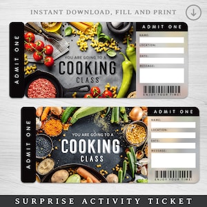 Boleto sorpresa para clase de cocina digital, vale para clase de cocina, regalo sorpresa, vale para clase de cocina imprimible, experiencia de cocina
