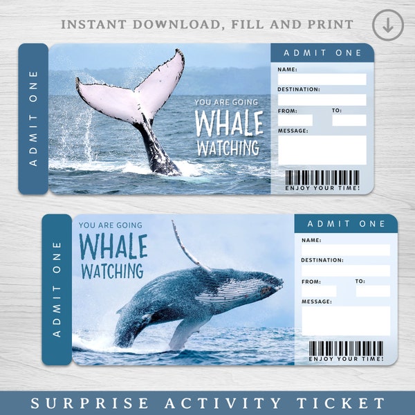 Digital Whale Watching Surprise Trip Gift Ticket, Whale Encounter Surprise Reveal, Printable Surprise Whale Watching Trip Ticket