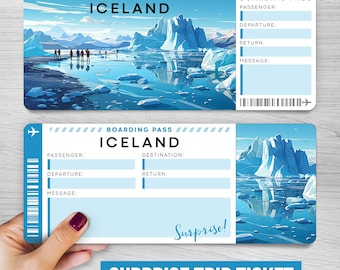 以下が含まれることがあります： 青い白の搭乗券に「You are going to Iceland」と「Boarding Pass Iceland」の文字と、氷山の風景の写真が印刷されています。搭乗券の下には「Surprise!」の文字が書かれています。