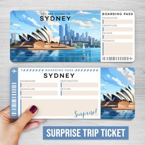 Bilhete de viagem surpresa digital para SYDNEY, cartão de embarque para impressão na Austrália, bilhete de férias para impressão, vale-presente de férias, presente editável