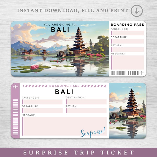 Digitale BALI Surprise Trip Gift Ticket, INDONESIË afdrukbare instapkaart, afdrukbare instapkaart, vakantieticket, bewerkbaar cadeau