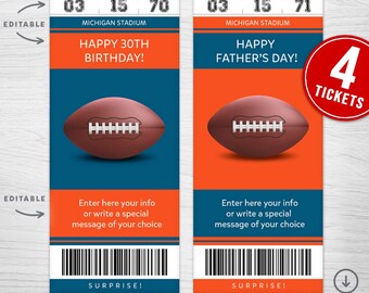 May include: Four printable football game tickets with a blue and orange color scheme. The tickets have a football graphic and the text "Happy 30th Birthday!" and "Happy Father's Day!"