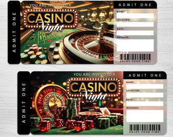 May include: Two printable casino night tickets with a roulette wheel and poker chips. The tickets have the text "You are invited to a Casino Night" and "Admit One".