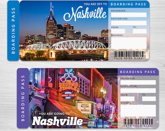 Digitaal NASHVILLE-reisverrassingscadeauticket︱Tennesee-instapkaart︱Afdrukbare uitjevoucher︱Surprise Travel Reveal