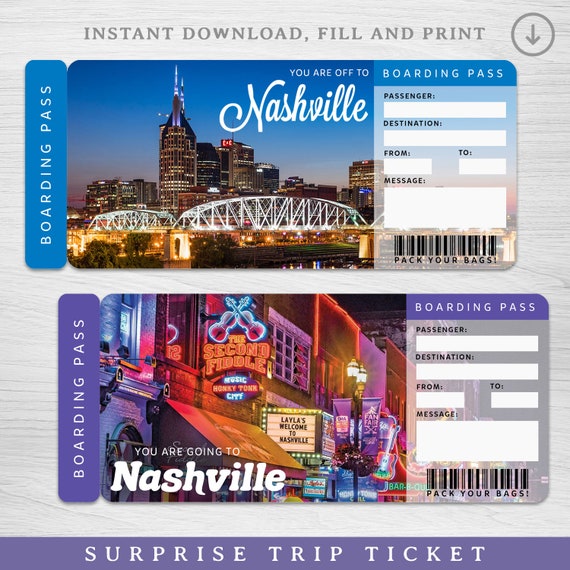 Digital NASHVILLE Trip Surprise Gift Ticket︱Tennesee Boarding Pass︱Printable getaway voucher︱Surprise Travel Reveal
