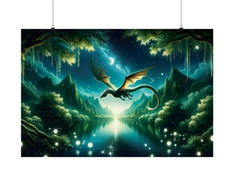 Dragon Wings Embracing the Milky Way - Matte Poster, Flying Dragon Fantasy Night Landscape, Wall Art Décor for 2024 Lunar Year of the Dragon