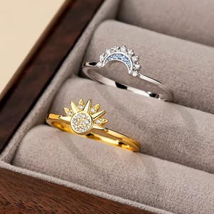 925 シルバー 太陽と月のカップルリングセット | スカイブルー ジルコニア プロミスリング | ロマンチックなバレンタインデージュエリー