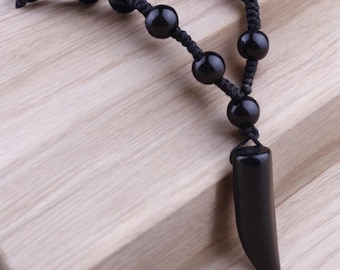 Handmade Onyx Stone Necklace with Ivory Pendant for Men, Long Knotted Balance Jewelry
