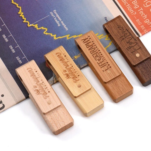 Personalisierter Holz USB Stick - Lasergraviertes Logo, drehbares Design