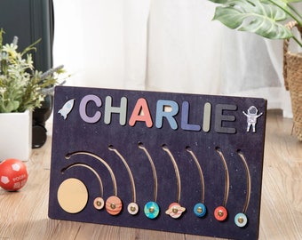 Personalized Wooden Name Puzzle with Solar System & Busy Board - Unique Educational Toy for Kids 1-3 Years