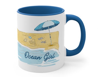 Mug Ocean Girl 11 oz, plage, océan, sable, coquillages, cadeau pour elle, mode vacances