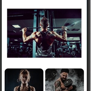 May include: A fitness app with the text "The Fitness" and "Build Your Body" on the screen. The app features images of people working out at the gym.