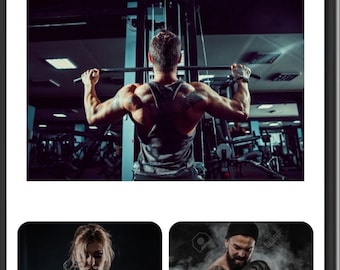 Op de afbeelding: Een fitness-app met de tekst "The Fitness" en "Build Your Body" op het scherm. De app toont afbeeldingen van mensen die in de sportschool trainen.