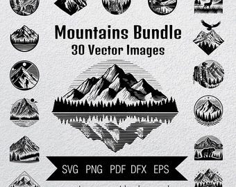 30 Vector Images of Mountains with Forest, Lake, Eagle, Bear, Tourists, Kayak, SVG, EPS, Clipart, for Print or Engraving