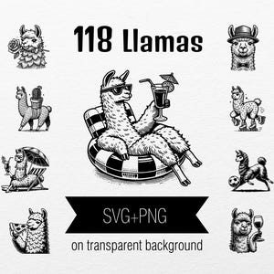 118 SVG-Bilder von Lamas beim Sport, Musik, Tanzen, Wrestling, Yoga, Lama mit einem Kaktus Geschenk Sambrero Hut Anzug Kaffee Lustige Clipart