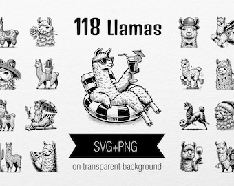 Llama Sports & Music SVG Clipart: 118 Funny Illustrations (Digital Download)