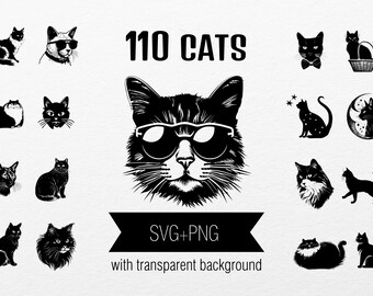 100 SVG+PNG Cat Illustrations with Transparent Background