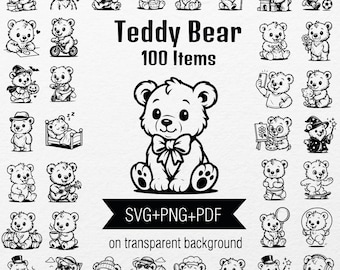 100 Teddy Bear SVG Bundle: Sports, Music, Dance Clipart (PNG, PDF)