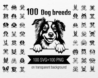 Dog Breeds Clipart: 100 Peeking Dogs SVG PNG Print (Cricut)