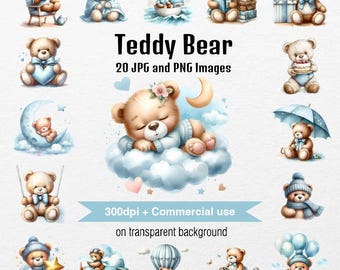Watercolor Teddy Bear Clipart: Boho Baby Shower Graphics (Digital Download)