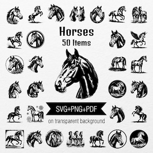 Lot de 50 images SVG de chevaux qui courent et dans différentes poses, nouvel an, impression, gravure, clipart