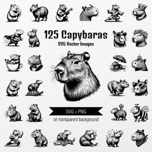 May include: Black and white vector images of capybaras in various poses, including playing guitar, wearing sunglasses, and dressed in a superhero costume. The text "125 Capybaras SVG Vector Images" is displayed.