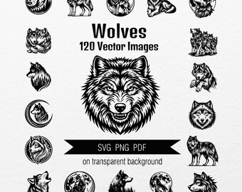 A Bundle of 120 Vector Images of Wolves SVG, PNG, Clipart, for Print or Engraving