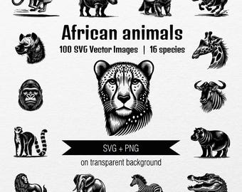 African Animals SVG Clipart: Lion, Zebra, Giraffe - 100 Vector Images (Digital Download)