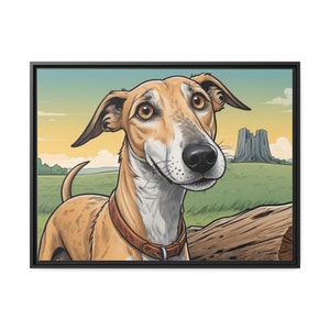 Happy Cartoon Lurcher Dog - Cute Dog Wall Art - Matte Canvas, Black Frame