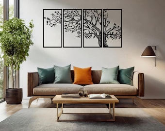 Large 4 Panel Tree Metal Wall Art for Wall Hanging Home Décor – Wide 4 Piece Tree of Life Decoration  – Indoor/Outdoor