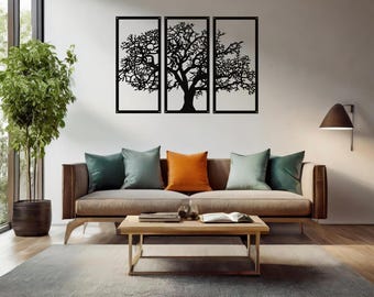 Large 3 Panel Tree Metal Wall Art for Wall Hanging Home Décor – Wide 3 Piece Tree of Life Decoration  – Indoor/Outdoor
