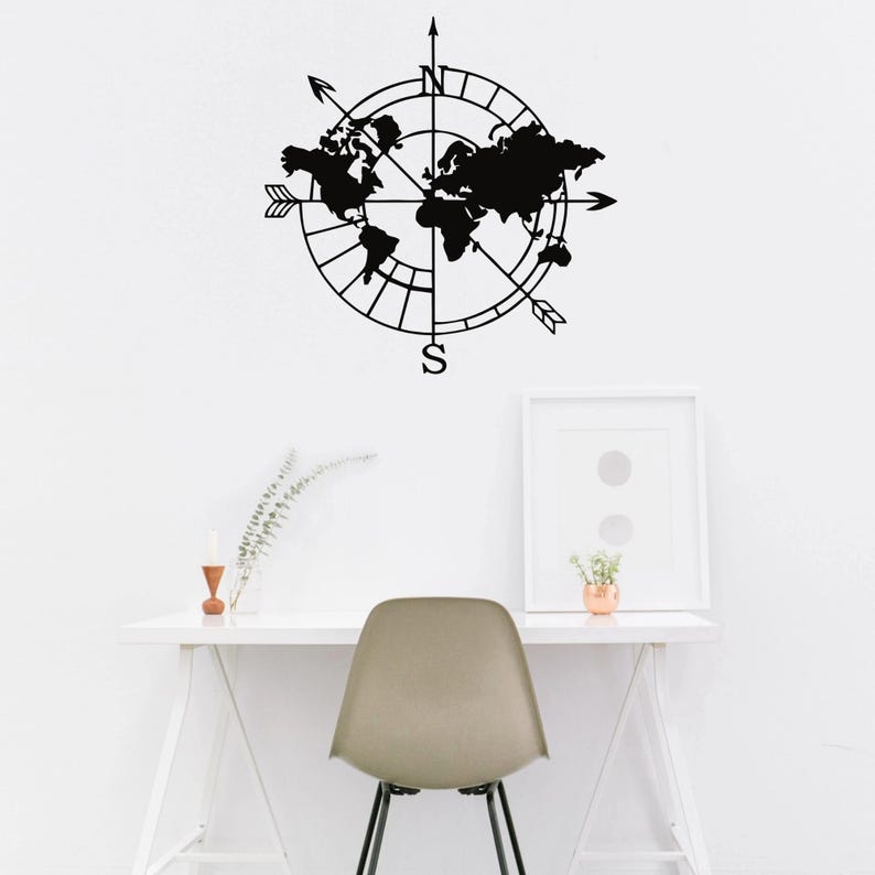 Compass World Map Metal Art for Wall Hanging Office and Home Décor ...