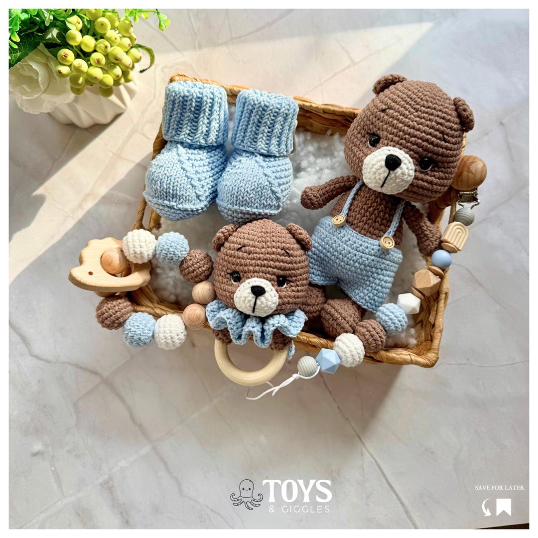Handmade Crochet Teddy Bear Baby Gift Set – Wooden Rattle & Booties - Etsy